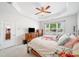 A well lit bedroom with a ceiling fan, a window, and a floral comforter at 306 Cherokee Station Cir, Woodstock, GA 30188