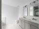 Bright bathroom featuring double vanity with gray cabinets and modern fixtures at 4219 David Austin Ct, Snellville, GA 30039