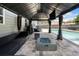 Covered patio with a fire pit, outdoor seating, and view of the pool and backyard at , Atlanta, GA 30349