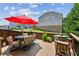 Inviting outdoor deck features stylish seating, an umbrella, and charming barrel table, perfect for relaxing and entertaining at 2434 Soft Maple St, Atlanta, GA 30360