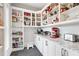 Well-stocked pantry features white cabinets, shelves, countertops, and small appliances at 1445 Hillside Dr, Grayson, GA 30017