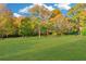 Expansive green lawn surrounded by mature trees with vibrant fall foliage under a blue sky at 1445 Hillside Dr, Grayson, GA 30017