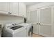 Bright laundry room with modern washer and dryer, plus storage cabinets and folding doors at 2700 Paces Ferry Se Rd # 202, Atlanta, GA 30339