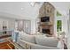 Bright living room features a stunning stone fireplace, plush seating, and hardwood floors at 413 Sassafras Rd, Roswell, GA 30076