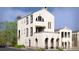 Stunning new construction home with a white brick exterior, arched entry, and a second-story balcony and awning at 215 Rolison Way, Fayetteville, GA 30214