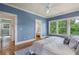 Charming bedroom with beautiful blue walls and large windows offering serene wooded views at 1066 High Point Ne Dr, Atlanta, GA 30306