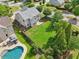 Birds eye view of a backyard with a beautiful pool, and ample green space at 251 Parc Dr, Canton, GA 30114