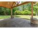 Stamped concrete patio area with decorative stone supports and views of the backyard at 1652 Weymouth Ct, Tucker, GA 30084
