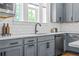 Modern kitchen featuring gray cabinetry, a sleek faucet, and a white subway tile backsplash at 2744 Bell Se Dr, Smyrna, GA 30080