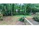 The backyard is heavily wooded with a partial fence line at 4827 Wyndam Dr, Stone Mountain, GA 30088