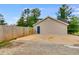 Tan garage with blue door and concrete driveway next to a wooden fence at 159 Cranbrooke Dr, Dallas, GA 30157