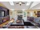 Bright living room with vaulted ceilings, skylights, a fireplace, and custom built-ins, offering a cozy atmosphere at 2460 Due West Nw Cir, Kennesaw, GA 30152