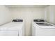 Laundry area featuring a modern white washing machine and dryer with wire shelving above at 607 Tall Timbers, Woodstock, GA 30188