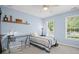 This bedroom features a window with blinds, a ceiling fan, light blue walls, and carpeted floors at 2535 Hampton Trl, Cumming, GA 30041