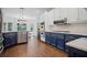 Stylish kitchen boasts blue cabinets, white countertops, stainless steel appliances, and beautiful hardwood flooring at 2535 Hampton Trl, Cumming, GA 30041