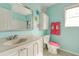 Bathroom featuring bright blue walls, a white vanity, and a unique toilet at 133 Parkway Dr, Fairburn, GA 30213