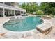 Sparkling pool with a stone border, built-in loungers, and lush landscaping, perfect for summer days at 210 Little River Farms Trl, Canton, GA 30115