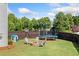 The backyard boasts a fire pit, playhouse, trampoline, and privacy fence, perfect for outdoor enjoyment at 501 White Oak Path, Canton, GA 30115