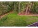 Expansive backyard features lush grass, mature trees, and a batting cage at 5028 Winding Hills Ln, Woodstock, GA 30189