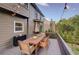 Back deck with wooden table and chairs surrounded by lush green trees at 5028 Winding Hills Ln, Woodstock, GA 30189