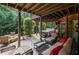 Comfortable back patio featuring a hot tub, outdoor seating, fire pit and brick accents at 5025 Savannah Run, Cumming, GA 30040