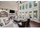 Bright living room with a stone fireplace, large windows, and two sofas at 5025 Savannah Run, Cumming, GA 30040