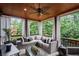 Covered porch with comfortable seating, a ceiling fan, and serene wooded views at 5025 Savannah Run, Cumming, GA 30040