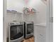 Efficient laundry room with modern washer and dryer, shelving and a utility sink at 1003 Pearl Ne Pt, Sandy Springs, GA 30328