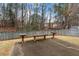 Exterior shot of backyard featuring a concrete patio with rustic wooden benches and a wooden fence at 2457 Swan Lake Dr, Grayson, GA 30017