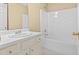 Bright bathroom features a tub shower, white vanity, and neutral wall color at 2457 Swan Lake Dr, Grayson, GA 30017