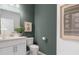 Elegant powder room features a white vanity, modern fixtures, and stylish decor at 470 Village Ln, Fairburn, GA 30213