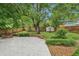 View of the backyard featuring a stone patio, fire pit, lush trees, and grass at 1605 Wellswood Se Dr, Atlanta, GA 30315
