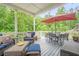 Relaxing outdoor patio with an umbrella-covered table and wooded views at 285 Turtle Rock Pl, Acworth, GA 30101