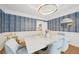 A formal dining room features designer wallpaper, modern light fixture, and marble table top at 3780 Bays Ferry Way, Marietta, GA 30062