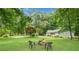 Scenic backyard view featuring a fire pit, mature trees, and a well-maintained lawn at 789 Concord Sw Rd, Smyrna, GA 30082