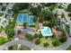 Aerial photo showcasing neighborhood tennis courts and pool in a community setting with well-manicured landscaping at 9050 Brockham Way, Alpharetta, GA 30022