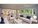 Cozy living room with modern decor, hardwood floors, and a view to the open kitchen and backyard at 9050 Brockham Way, Alpharetta, GA 30022