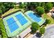 Aerial view of the community tennis courts featuring blue playing surface, green trim, night lighting, and perimeter fencing at 9050 Brockham Way, Alpharetta, GA 30022
