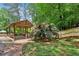 The backyard features a covered patio with a wooden deck and green trees at 3665 Pine St, Atlanta, GA 30340