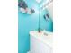 Charming bathroom with bright teal walls and a large vanity at 9155 Nesbit Ferry Rd, Alpharetta, GA 30022