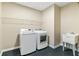 This laundry room is equipped with a new washer and dryer, as well as a utility sink and metal shelving at 230 Leaf Court, Alpharetta, GA 30005