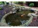 Backyard pond with large koi fish swimming and stone surround at 230 Leaf Court, Alpharetta, GA 30005
