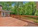 A spacious wooden deck offers a serene outdoor retreat with lush greenery views at 450 S Susan Creek Dr, Stone Mountain, GA 30083