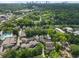 An aerial view showing a neighborhood with a pool, trees, and Atlanta skyline in the distance at 262 Southerland Ne Ter, Atlanta, GA 30307