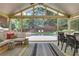 Screened-in porch featuring a view of the pool, and an outdoor dining area with comfortable seating at 47 Roseclair Se Dr, Atlanta, GA 30317