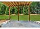 Relaxing covered patio with stone tile, and a view of a grassy yard and lush greenery at 1547 Cambridge Pl, Marietta, GA 30062