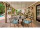 Beautifully styled covered patio with outdoor seating and views of pool and landscaped yard at 280 Selkirk Ln, Johns Creek, GA 30097