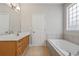 Spacious bathroom with a soaking tub, double sink vanity, and modern fixtures at 4230 Glen Vista Ct, Duluth, GA 30097