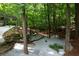 Landscaped backyard with a stone pathway, rock garden, and lush greenery at 1560 Bubbling Creek Ne Rd, Atlanta, GA 30319