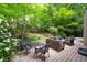 Lush backyard patio featuring lovely landscaped features and mature trees at 1560 Bubbling Creek Ne Rd, Atlanta, GA 30319
